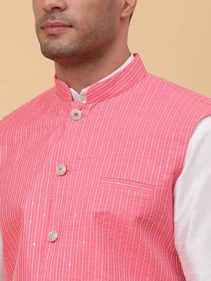 Men Cream Kurta and Churidar with Pink sequence Striped Nehru Jacket 2