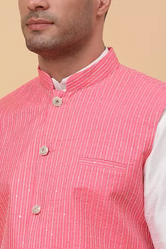 Men Cream Kurta and Churidar with Pink sequence Striped Nehru Jacket