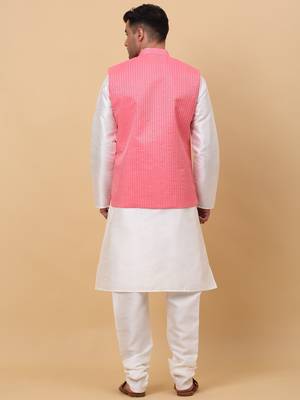 Men Cream Kurta and Churidar with Pink sequence Striped Nehru Jacket 3