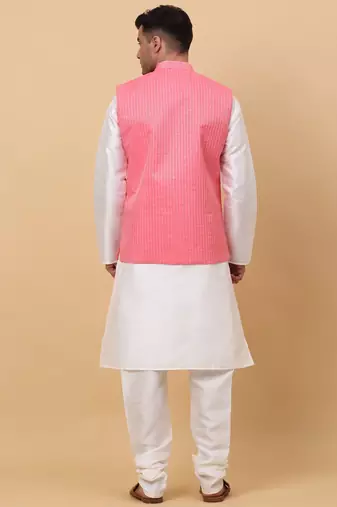 Men Cream Kurta and Churidar with Pink sequence Striped Nehru Jacket