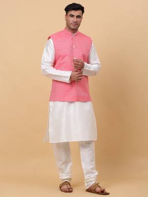 Men Cream Kurta and Churidar with Pink sequence Striped Nehru Jacket 4