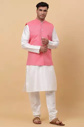 Men Cream Kurta and Churidar with Pink sequence Striped Nehru Jacket