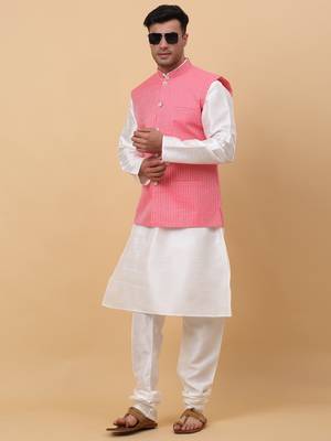 Men Cream Kurta and Churidar with Pink sequence Striped Nehru Jacket 7