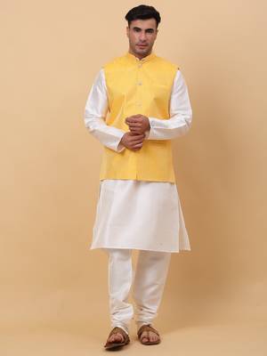 Men Cream Kurta and Churidar with Yellow sequence Striped Nehru Jacket 1