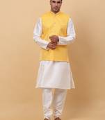 Men Cream Kurta and Churidar with Yellow sequence Striped Nehru Jacket