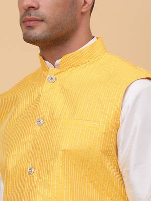 Men Cream Kurta and Churidar with Yellow sequence Striped Nehru Jacket 2