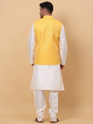 Men Cream Kurta and Churidar with Yellow sequence Striped Nehru Jacket 3