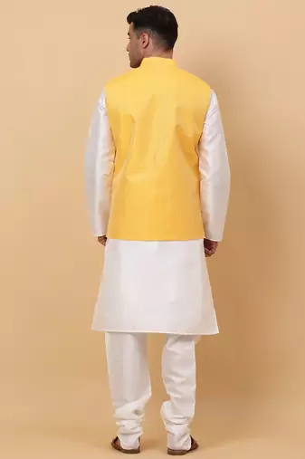 Men Cream Kurta and Churidar with Yellow sequence Striped Nehru Jacket