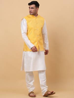 Men Cream Kurta and Churidar with Yellow sequence Striped Nehru Jacket 4