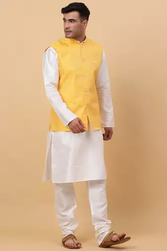 Men Cream Kurta and Churidar with Yellow sequence Striped Nehru Jacket