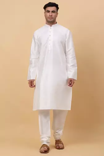 Men Cream Kurta and Churidar with Yellow sequence Striped Nehru Jacket