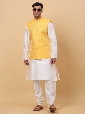 Men Cream Kurta and Churidar with Yellow sequence Striped Nehru Jacket 7