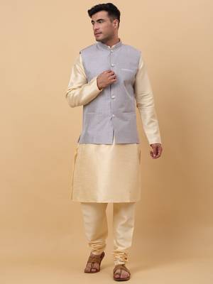 Men Beige Kurta and Churidar with Grey sequence Striped Nehru Jacket 1