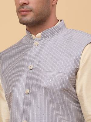 Men Beige Kurta and Churidar with Grey sequence Striped Nehru Jacket 2