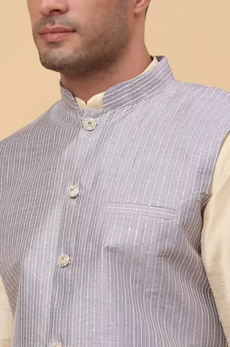 Men Beige Kurta and Churidar with Grey sequence Striped Nehru Jacket