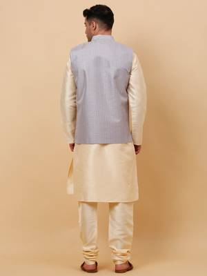 Men Beige Kurta and Churidar with Grey sequence Striped Nehru Jacket 3