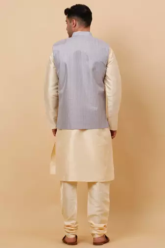 Men Beige Kurta and Churidar with Grey sequence Striped Nehru Jacket