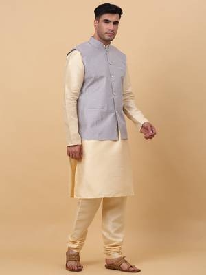 Men Beige Kurta and Churidar with Grey sequence Striped Nehru Jacket 4