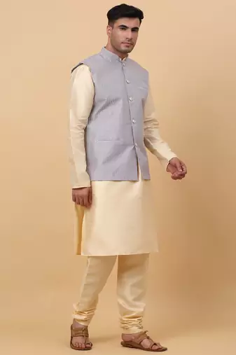 Men Beige Kurta and Churidar with Grey sequence Striped Nehru Jacket