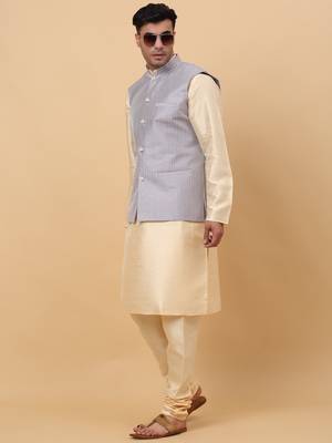 Men Beige Kurta and Churidar with Grey sequence Striped Nehru Jacket 7