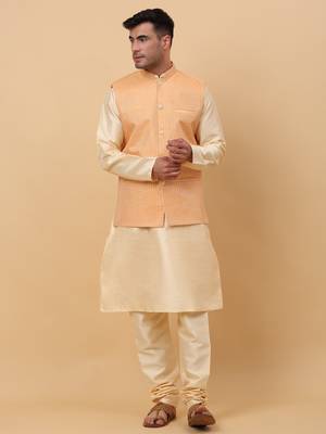 Men Beige Kurta and Churidar with Peach sequence Striped Nehru Jacket 1