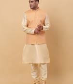 Men Beige Kurta and Churidar with Peach sequence Striped Nehru Jacket