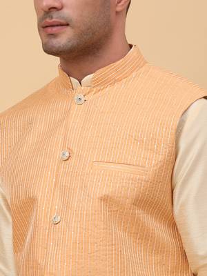 Men Beige Kurta and Churidar with Peach sequence Striped Nehru Jacket 2