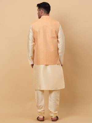 Men Beige Kurta and Churidar with Peach sequence Striped Nehru Jacket 3