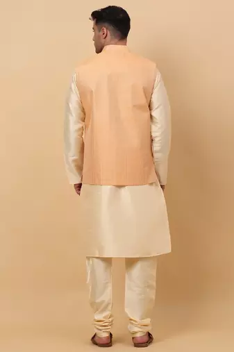 Men Beige Kurta and Churidar with Peach sequence Striped Nehru Jacket