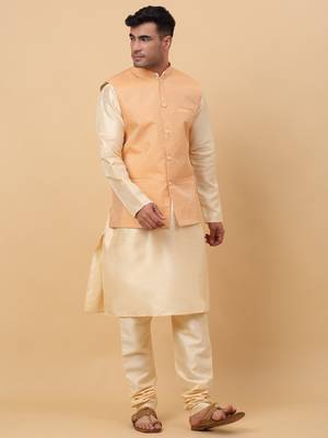 Men Beige Kurta and Churidar with Peach sequence Striped Nehru Jacket 4