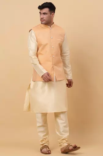 Men Beige Kurta and Churidar with Peach sequence Striped Nehru Jacket