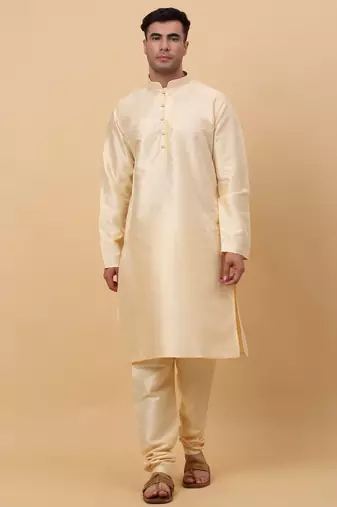 Men Beige Kurta and Churidar with Peach sequence Striped Nehru Jacket