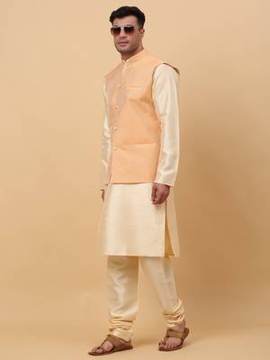 Men Beige Kurta and Churidar with Peach sequence Striped Nehru Jacket 7