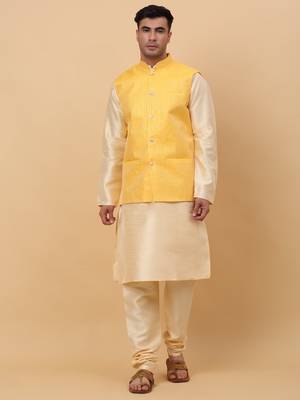 Men Beige Kurta and Churidar with Yellow sequence Striped Nehru Jacket 1