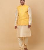 Men Beige Kurta and Churidar with Yellow sequence Striped Nehru Jacket