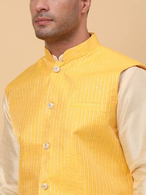 Men Beige Kurta and Churidar with Yellow sequence Striped Nehru Jacket 2