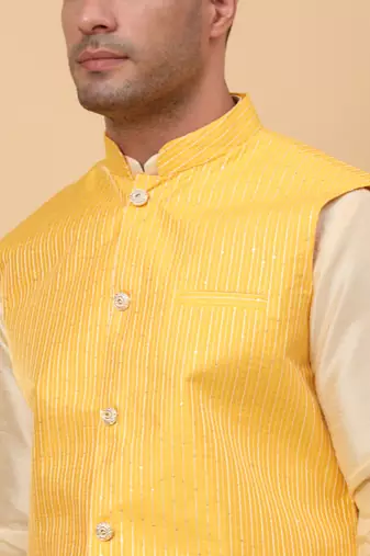 Men Beige Kurta and Churidar with Yellow sequence Striped Nehru Jacket