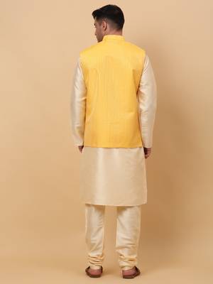 Men Beige Kurta and Churidar with Yellow sequence Striped Nehru Jacket 3