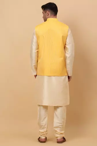 Men Beige Kurta and Churidar with Yellow sequence Striped Nehru Jacket