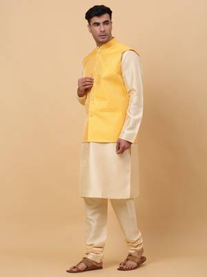 Men Beige Kurta and Churidar with Yellow sequence Striped Nehru Jacket 4