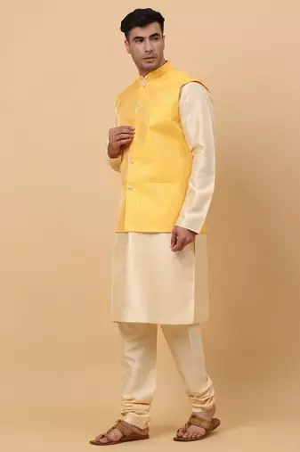 Men Beige Kurta and Churidar with Yellow sequence Striped Nehru Jacket