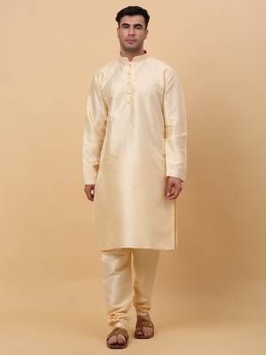 Men Beige Kurta and Churidar with Yellow sequence Striped Nehru Jacket 5