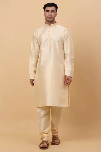 Men Beige Kurta and Churidar with Yellow sequence Striped Nehru Jacket