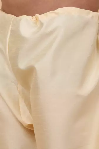 Men Beige Kurta and Churidar with Yellow sequence Striped Nehru Jacket