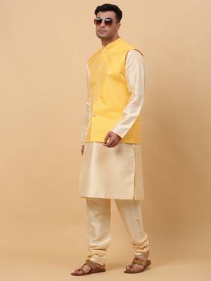 Men Beige Kurta and Churidar with Yellow sequence Striped Nehru Jacket 7