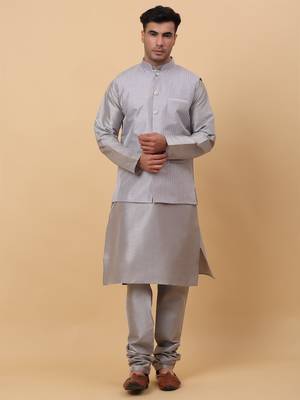 Men Grey Kurta and Churidar with Grey sequence Striped Nehru Jacket 1