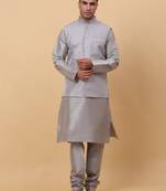 Men Grey Kurta and Churidar with Grey sequence Striped Nehru Jacket
