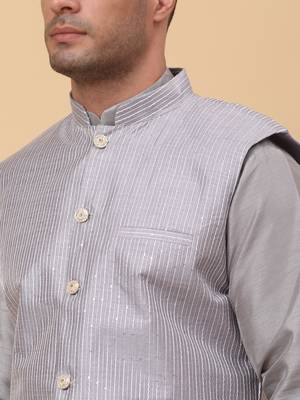 Men Grey Kurta and Churidar with Grey sequence Striped Nehru Jacket 2
