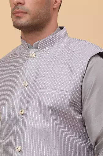 Men Grey Kurta and Churidar with Grey sequence Striped Nehru Jacket