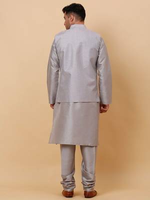 Men Grey Kurta and Churidar with Grey sequence Striped Nehru Jacket 3